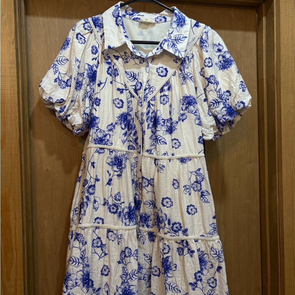 Blue Floral Tiered Midi Dress